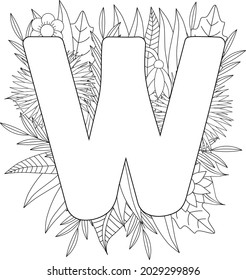 Letter W coloring page. Floral coloring. Vector illustration. 