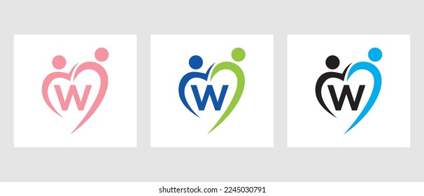 Letter W Community Logo Template. Teamwork, Heart, People, Family Care, Love Logo. Charity Donation Foundation Sign