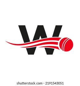 Letter W Cricket Logo Concept With Ball Icon For Cricket Club Symbol Vector Template. Cricketer Sign