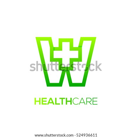 Letter W cross plus logo Green color,Medical healthcare hospital Logotype