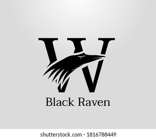 Letter W crow logo designs, black raven in letter W vector illustration design