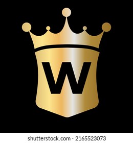 Plantilla de vectores con logotipo de corona y escudo de letra W con símbolo de concepto de lujo