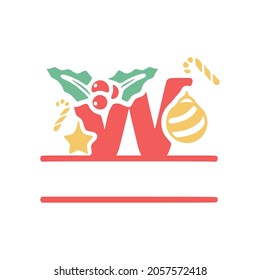 The letter W is decorated with mistletoe and Christmas elements, personalized monogram, vector logo, emblems or initial design.