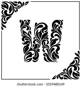 The letter W. Decorative Font with swirls and floral elements. Vintage style