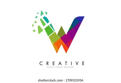 Letter W Design with Rainbow Shattered Blocks Vector Illustration. Pixel art of the W letter logo. 