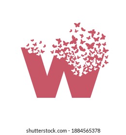 Der Buchstabe W zerstreut sich in eine Wolke aus Schmetterlingen oder Motten.