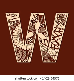 Letter W from doodles. Initial monogram letter. Fancy floral stylized. Floral wooden W letter font. Laser cut template. Filigree cutout pattern. Vector illustration.