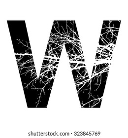  Letter W double exposure with white tree isolated on black background.Vector illustration.Black and white double exposure silhouette lettering combined with photograph of nature. Letters  alphabet.