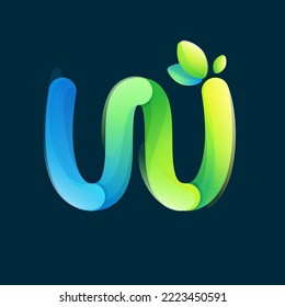 Letter W eco logo with gradient lines with green leaf. Environment friendly icon made of overlapping parts. Perfect for agriculture art, waste recycling app design, healthy food packaging.