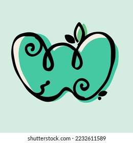 Letter W eco-friendly logo. Hand-drawn style with rough marker and paint shift effect. Vector cartoon typeface for zero waste art, nature protection company, spring posters, vegan food packaging, etc.