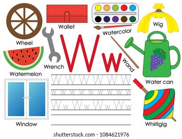 Letter W. Education for children. Learning English alphabet with writing practice. Vector illustration.