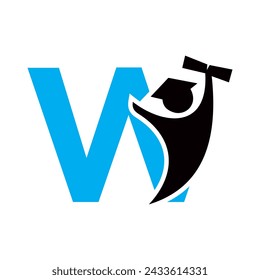 Letter W Education Logo Design. Graduation Symbol With Human Holding Graduation Paper Icon