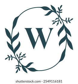 Letter W In Elegant Floral Oval Frame. Leafy Christmas Wreath. Vector Illustration Isolated On White Background.