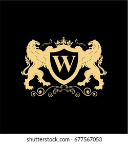 Letter W Elegant logo with two lions and shield vector design. Coat of arms
