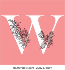 The letter W from the English alphabet is decorated with flowers in the form of a black line.