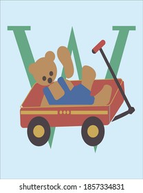 The letter W in the English alphabet on the background of a bear waving his hands