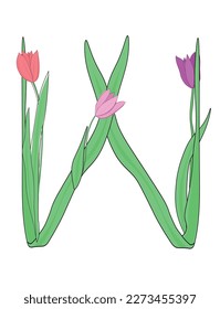 Letter W of English alphabet from tulip flowers, floral font for spring Mother's Day design