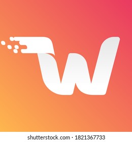 Logotipo de velocidad rápida de la letra W con patrón de píxeles a cuadros en el fondo del degradado. El diseño de vectores planos se puede usar para anuncios de entrega, afiches tecnológicos, identidad deportiva, etc.