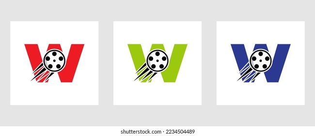 Letter W Film Logo Concept With Film Reel For Media Sign, Movie Director Symbol