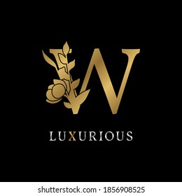 letter W flower leaves decoration for wedding, beauty care logo, personal branding identity, make up artist or any other royal brand and company. luxurious gold and silver color sample in dummy text