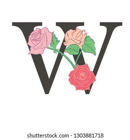 Letter W with flowers. Composition of the letter and floral elements on a white background. Illustration in vintage style in pastel colors.