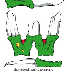 Letter W. Font of monsters made of meat, bones, tails