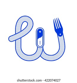 Letter W with fork in minimal outline design. Vector logo illustration for your application or restaurant