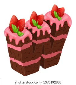 Letter W in the form of a chocolate cake with pink cream, strawberries, mint, tasty letter isolated on a white background, stock vector illustration, for food and decor, print, sticker, 3D
