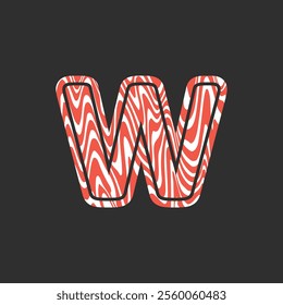 Letter W from fresh raw meat fish. Vector latin meat alphabet. Red meat salmon font for restaurants, butcher shop, farmers market, Salmon fillet marble texture, fish pattern. 