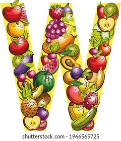 letter  W. Fruit letters. Collage of colored fruits and vegetables on the letter of the alphabet