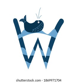 Letter w with a funny whale, vector illustration for printing, teaching children the alphabet