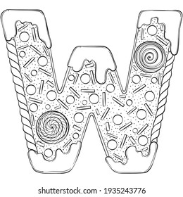 Letter W. Gingerbread Cookies in the form of letters. Cartoon vector font made in hand drawn line art style isolated on white background. Lettering logo template. Coloring book design.