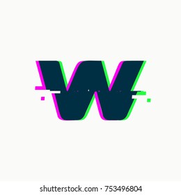 Letter W. Glitch font, vector isolated abstract symbol with digital noise, modern design alphabet element on white background.