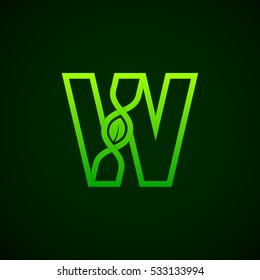 Letter W Green leaf with abstract biotechnology logotype. Medicine, science, laboratory,DNA vector concept