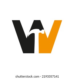 Letter W Hammer Logo Concept For Construction, Woodworking Company Repair Symbol Vector Template