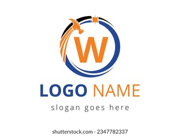 Letter W Hammer Logo Concept For Construction, Woodworking Company Repair Symbol Vector Template.  Modern vector logo for construction business, and company identity