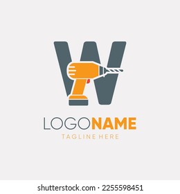 Ilustración de emblema gráfico del icono del vector del logotipo de la máquina de taladros manuales de letra W