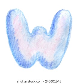 Letter W. Handwritten alphabet drawing by watercolor pencils