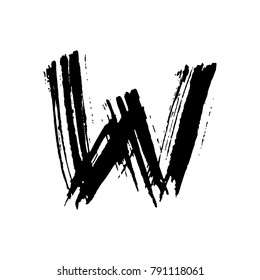 Letter W. Handwritten by dry brush. Rough strokes font. Vector illustration. Grunge style elegant alphabet.