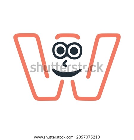 Letter w happy eccentric smiling character, smiley face vector clip art