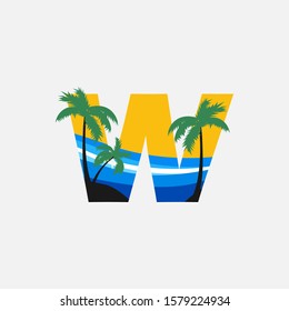 Letter W- Hawaii Palm Beach Logo icon.  Nature logo design concept palm tree and  sea wave  for initial letter W surfing shop, sport, Tour and Travel.