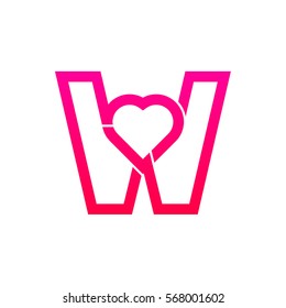 Letter W heart logo,Pink color,Valentine Day, Love Concept Logotype