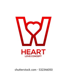 Letter W heart Red color logo,Valentine Day Love Concept Logotype