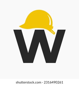 Letter W Helmet Construction Logo Concept With Safety Helmet Icon. Engineering Architect Logotype