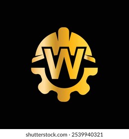 Plantilla De Diseño De Logotipo De Casco Y Equipo De Letra W. Vector de diseño de logotipo de ingeniero de engranajes