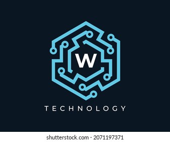 Letra W con el logotipo de la tecnología de hexágono. Plantilla de logotipo del vector