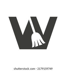 Letter W House Cleaning, Maid Logo Vector Template. Broom Logo Concept with Cleaning Brush