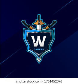 Letter W - Initial logo E-Sport with decoration of sword, shield, and weapon. Perfect for gamer brand, squad, etc.