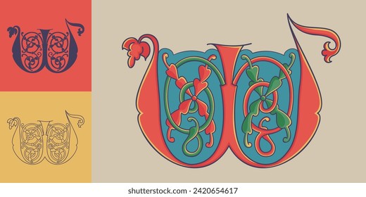 Letter W initial with trailing vines of thistle plant. Medieval blackletter drop cap based on Bohemian manuscript. Romanesque style dim colors illuminated emblem. Decorative wax seal monogram logo.