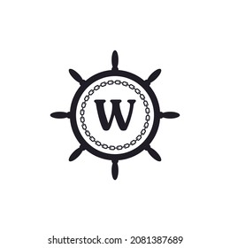 Letter W Inside Ship Steering Wheel and Circular Chain Icon for Nautical Logo Inspiration